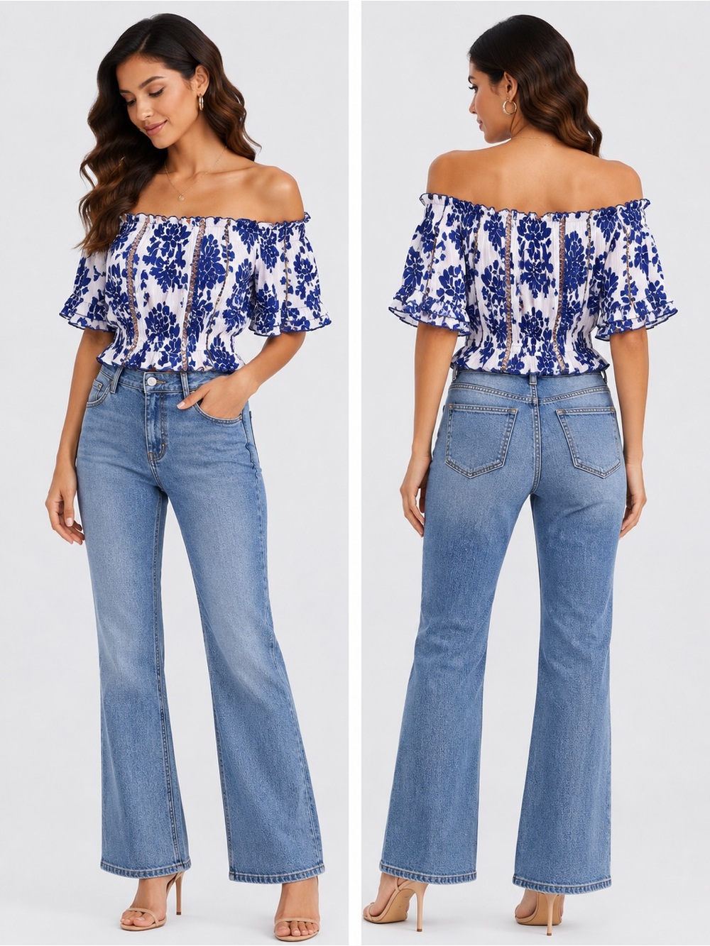 Off-Shoulder Blue Floral Crop Top